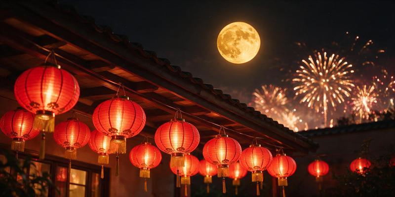 双节祝福配图：红灯笼与满月烟花