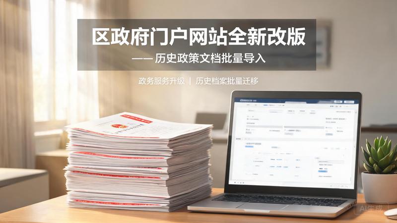 区政府门户网站改版后的办公室,桌上一摞红头文件,旁边笔记本电脑显示后台批量导入界面