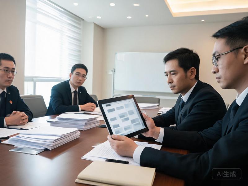 医院会议室里几位评审专家围坐长桌,其中一人手持平板电脑查看网站制度栏目列表